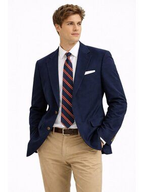 STAFFORD classic fit sport coat navy blue 46R 100% cotton jacket blazer preppy
